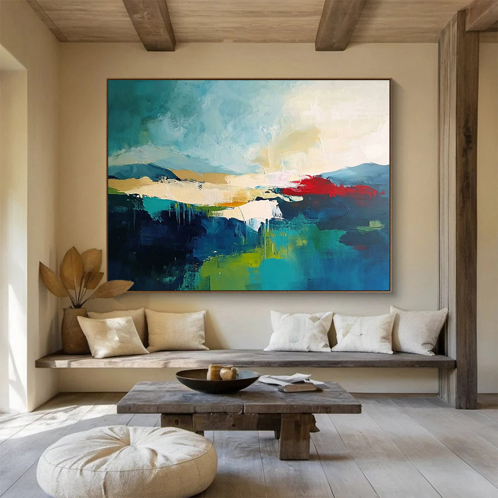 Large abstract painting featuring a dark sky-blue and light emerald green palette with beige and red accents on a soft neutral background.SC087