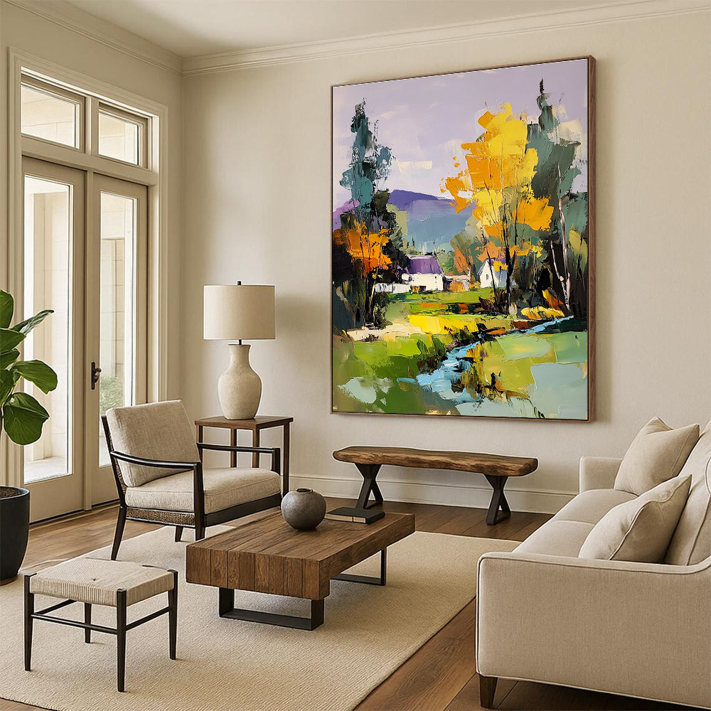 Large abstract painting featuring a river and trees with a house in the distance complemented by colorful brush strokes and a vibrant purple sky.STSC1308