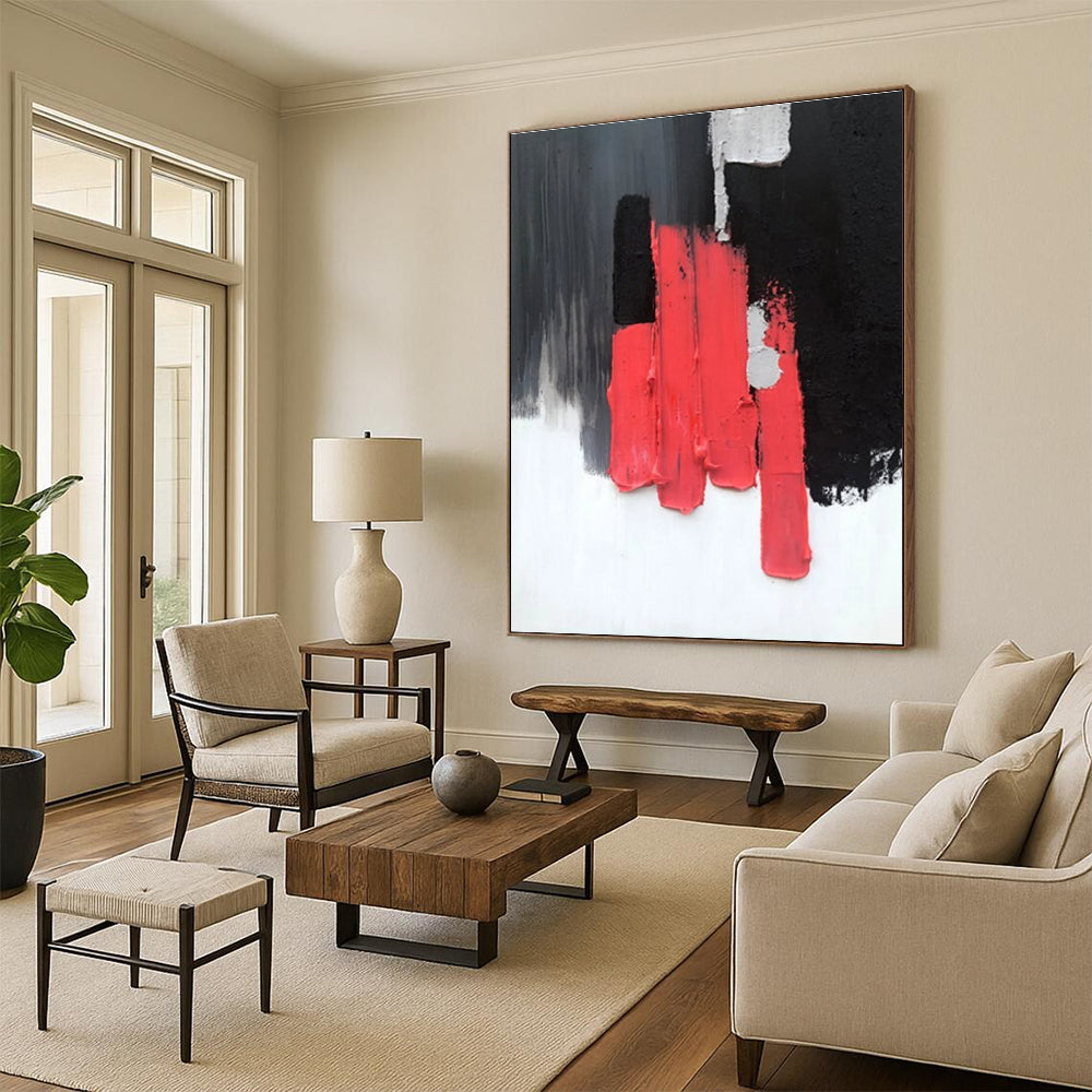 Red, Black, and Gray Textured Abstract Painting with Vertical Forms ADGE394