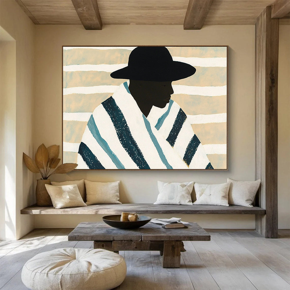An abstract painting featuring an African man in a blue and white striped blanket against a minimalist beige background with white stripes.SC399