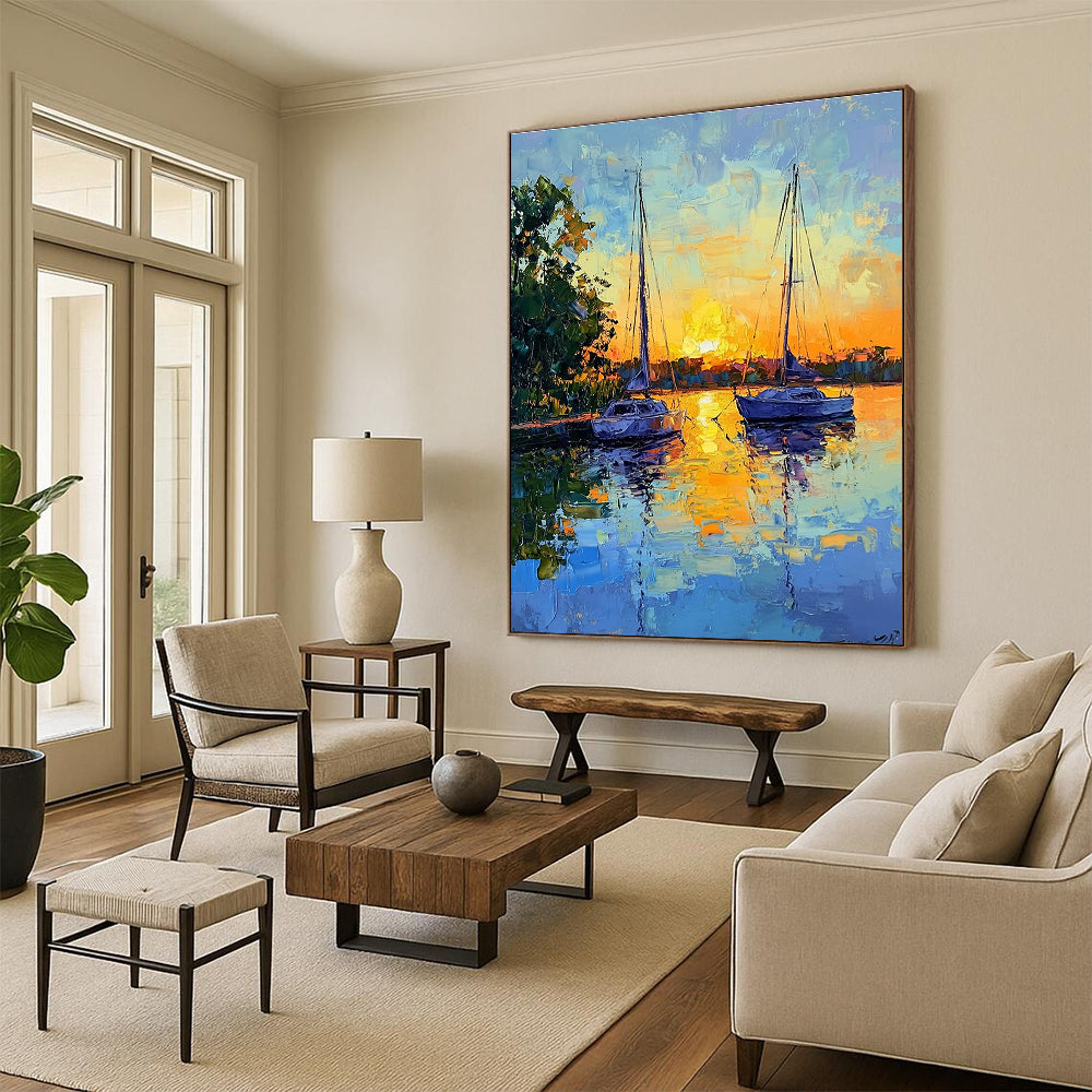 Large Abstract Painting of sailboats at sunset with soft brush strokes and vibrant colors creating tranquility and harmony between nature and human creation.STSC1393