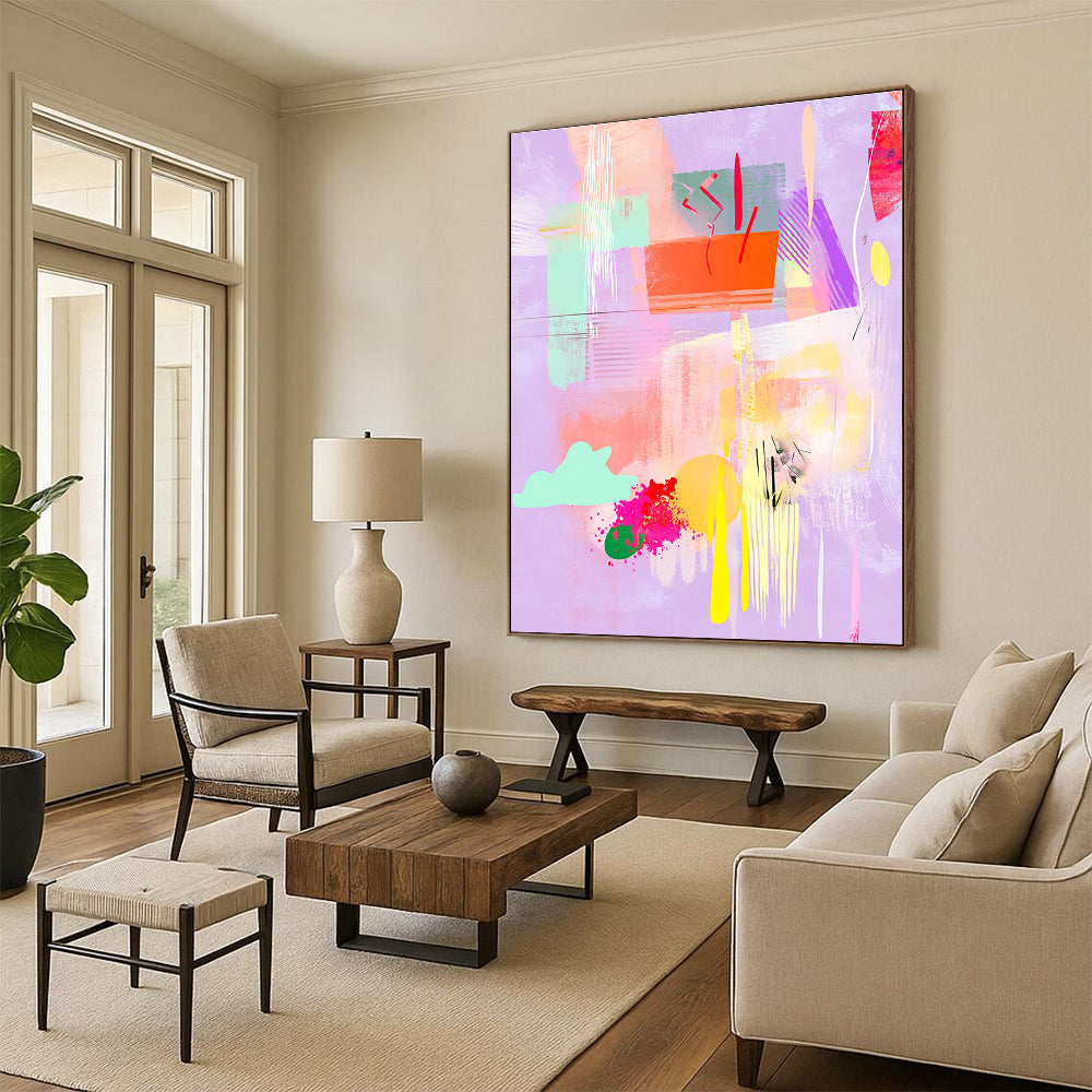 Large abstract painting featuring pastel shapes and textures with clouds flowers and musical notes on a light purple background adding depth and spaciousness.STSC546