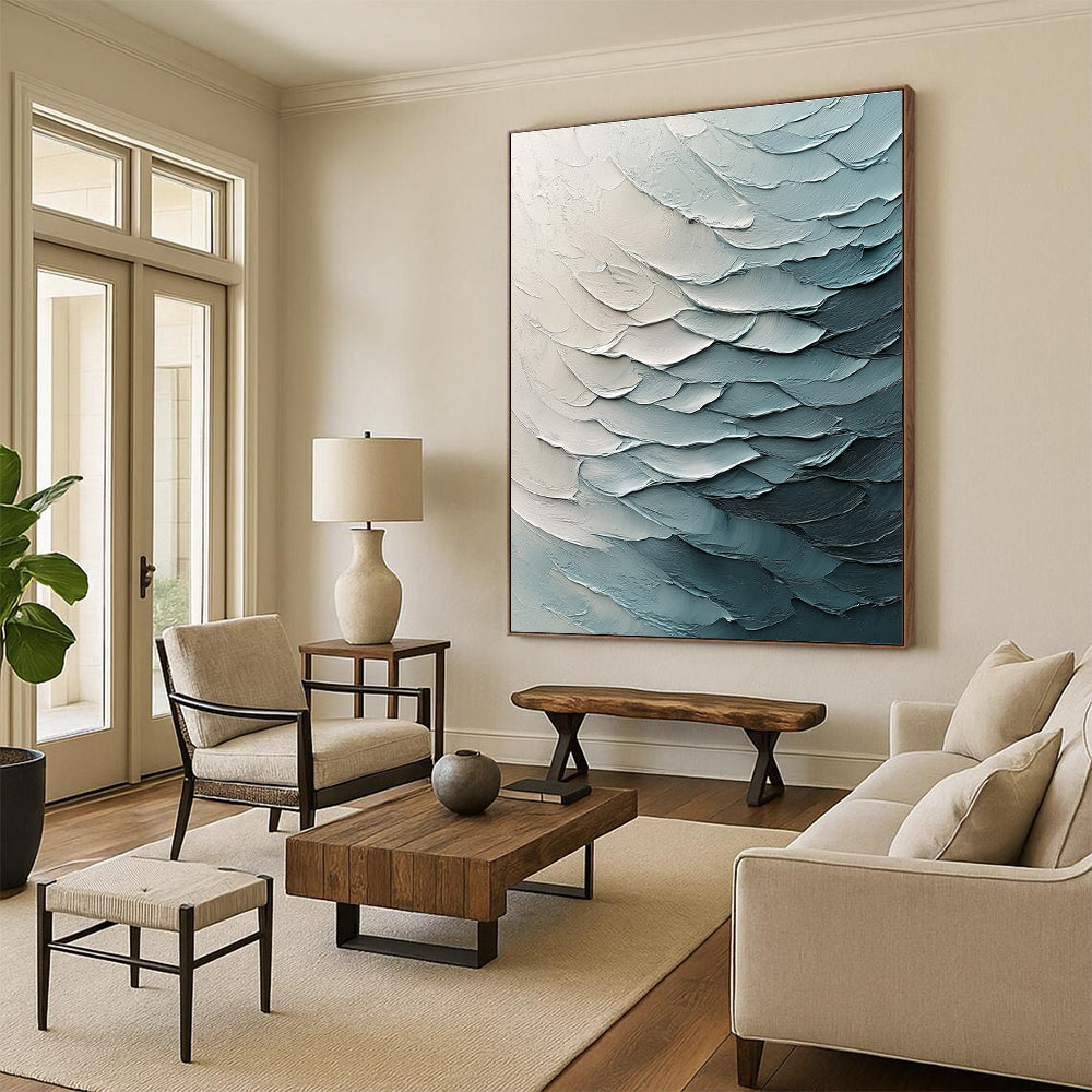 Large abstract painting with textured canvas and impasto strokes features fluid waves in light blue tones and volumetric lighting.STSC204