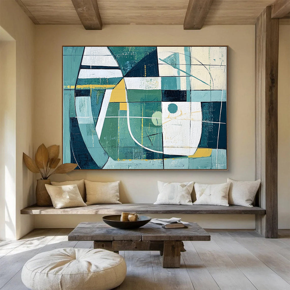 Large abstract painting featuring simple green and white shapes with yellow accents inspired by sports fields and goal lines.SC252