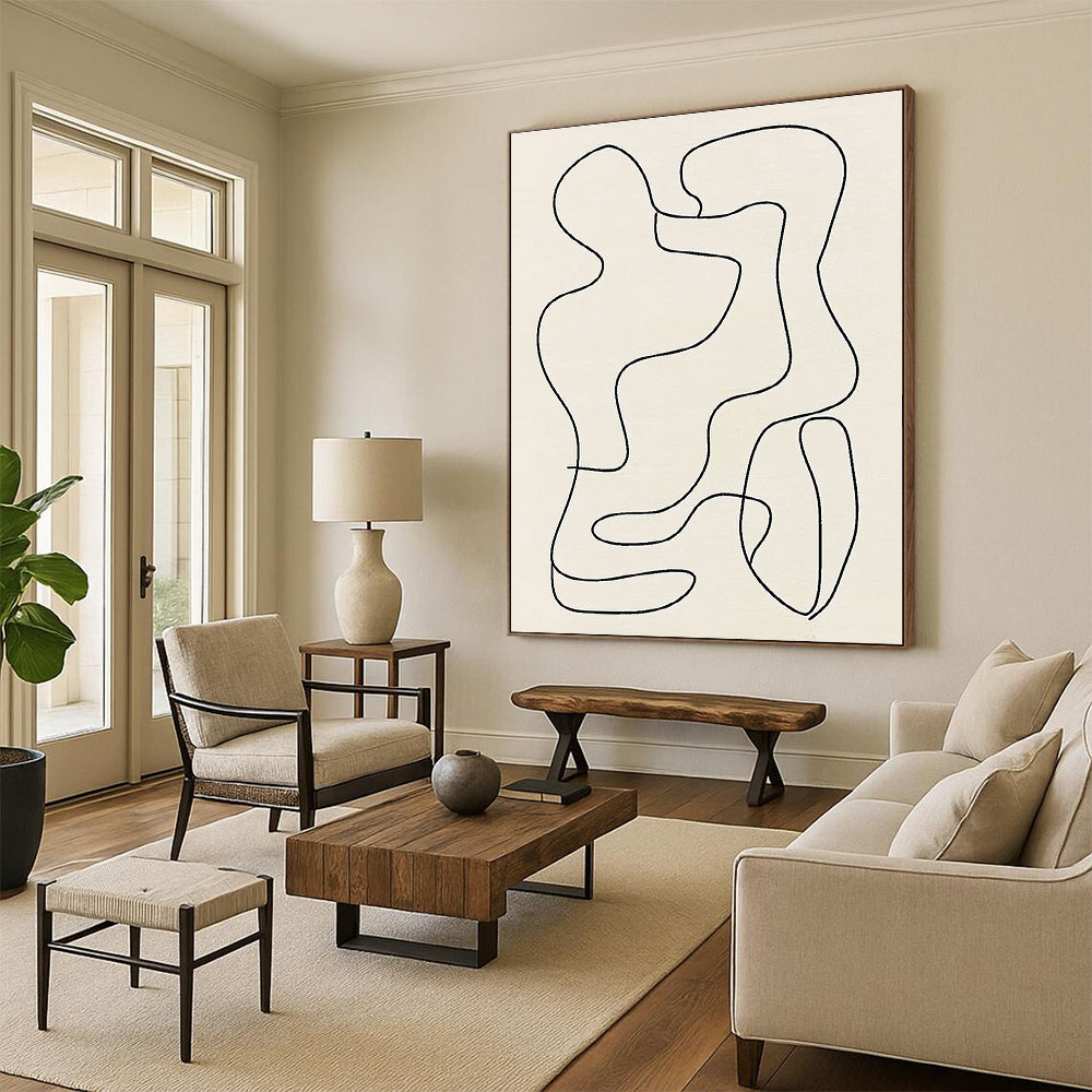 Large abstract line drawing of organic shapes in black on light gray, inspired by Matisse's minimalistic style for a striking aesthetic touch.STSC121