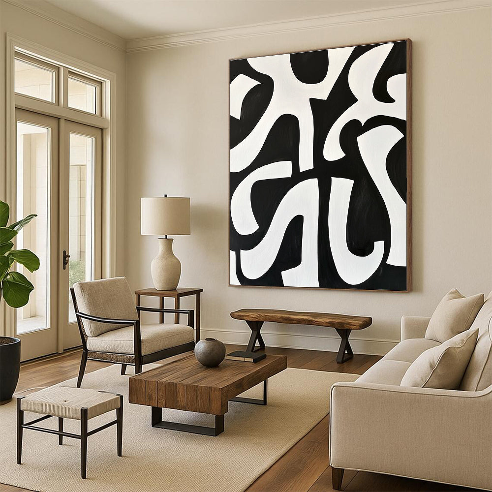 Bold Black and White Curved Abstract Painting GER236