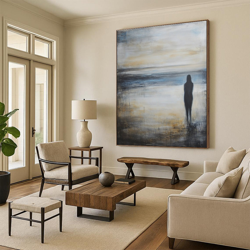 Large abstract oil painting of an empty beach at sunrise featuring calm sea and sky in grey blue and beige shades.STSC586