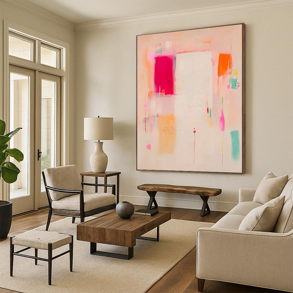 Large abstract painting in soft pink peach and orange tones featuring a white central area with red and yellow accents and expressive shapes.STSC809
