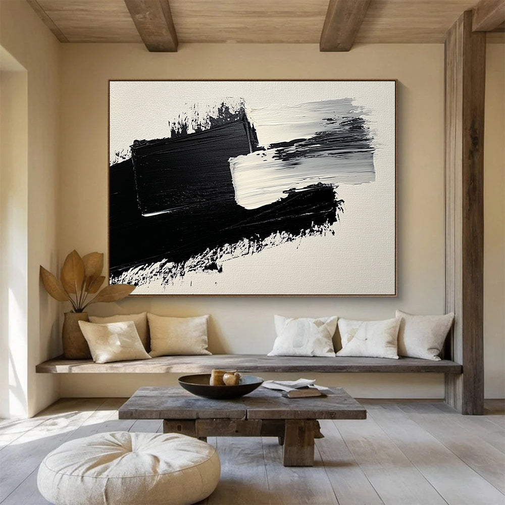 Black White Abstract Strokes Painting with Textured Brushstrokes DYP572