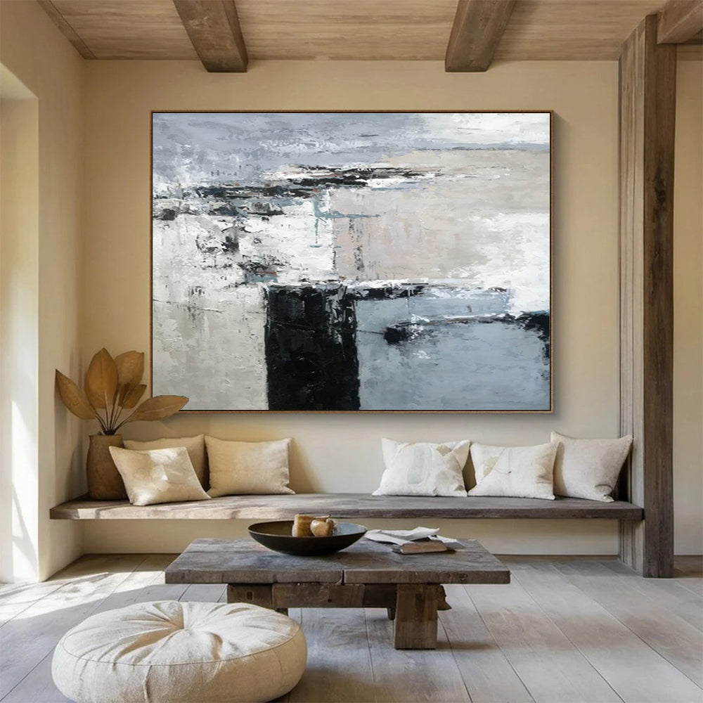 Minimalist Block Abstract Painting with Grey and Black Tones THY152