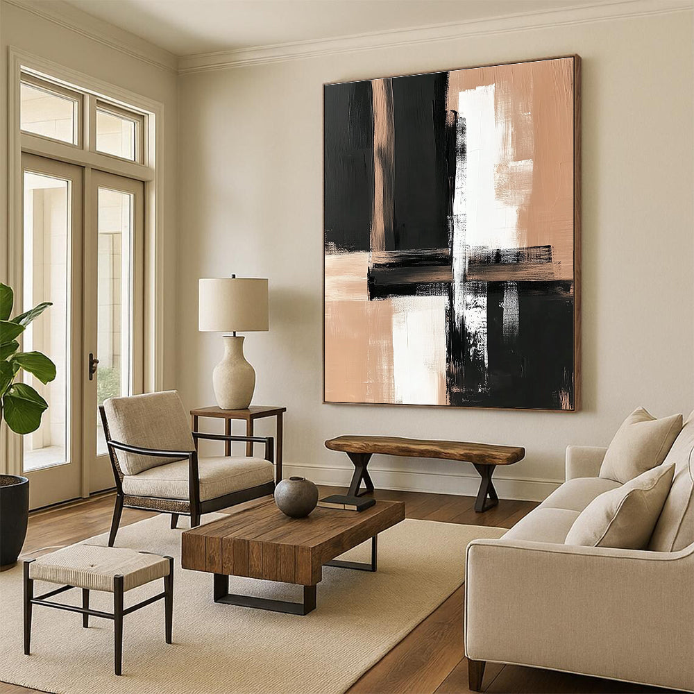 Black Beige Minimalist Strokes Abstract Painting GER861