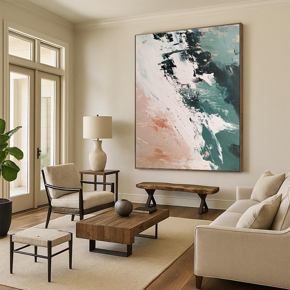 Large abstract painting capturing the Arctic sea's ice and earth with vibrant brush strokes in a beige teal and pink palette.STSC1437