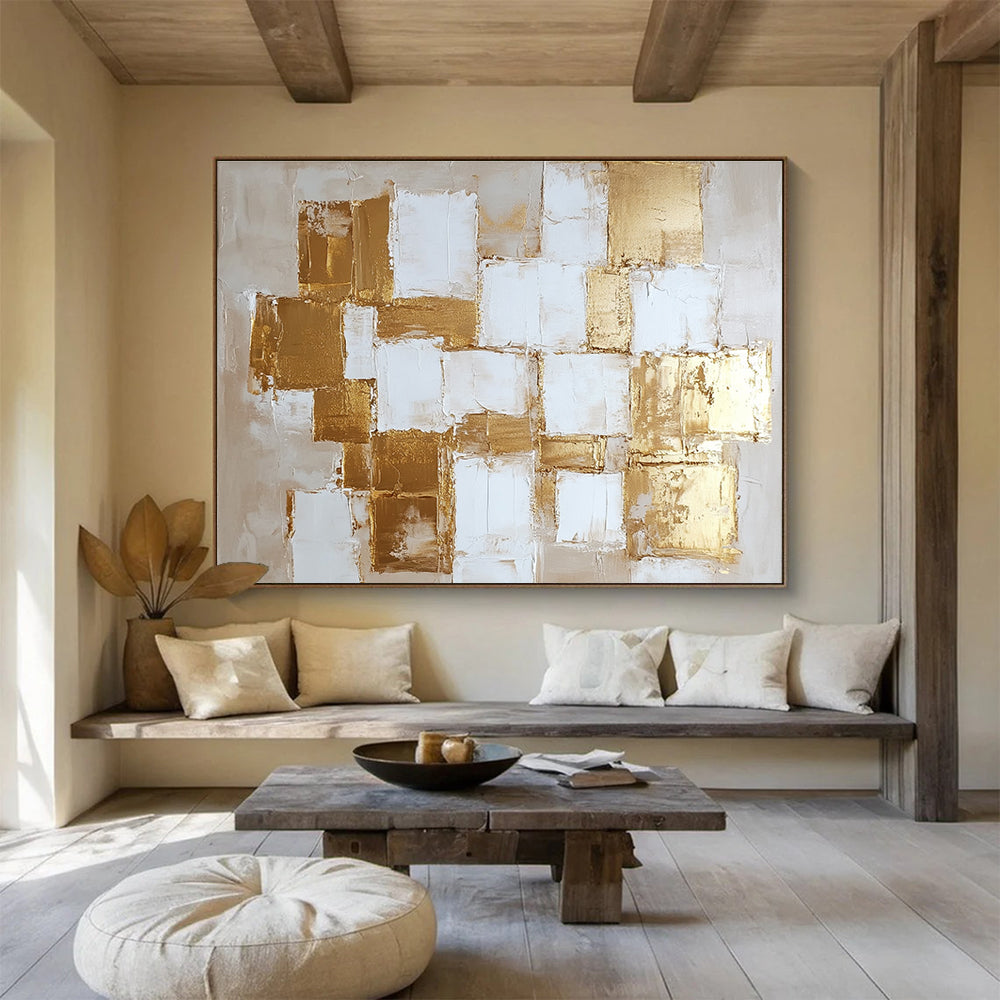 Gold and White Geometric Abstract Painting with Textured Squares DYP451