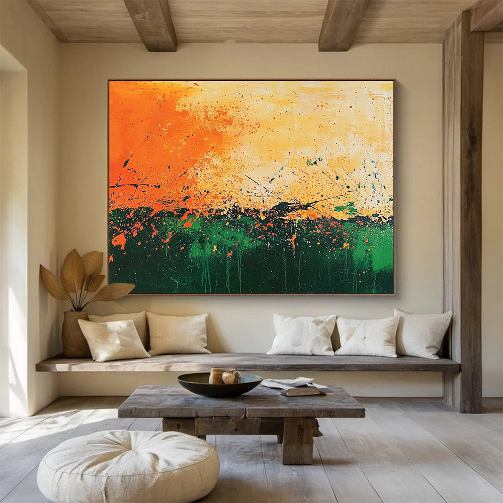 Large abstract painting featuring vibrant orange and green paint splatters reminiscent of Jackson Pollock's dynamic style.SC062