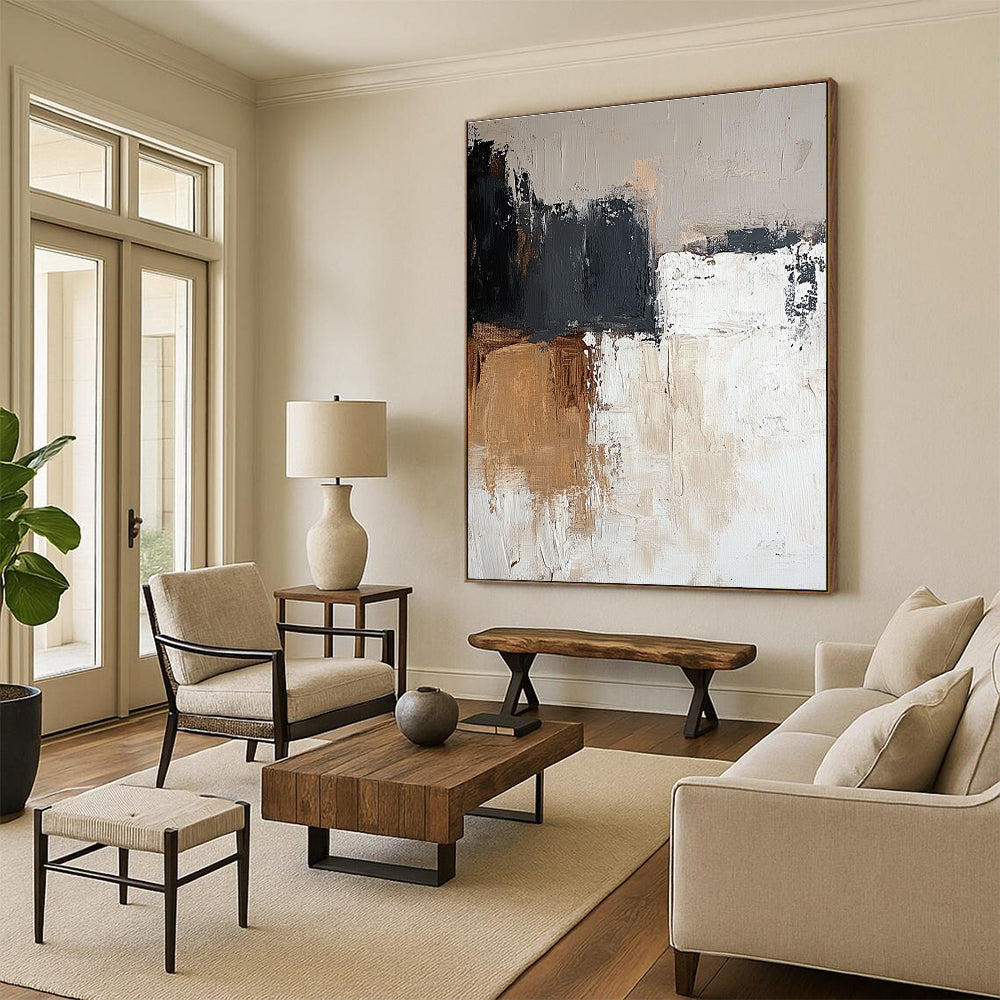 Brown Gray and White Abstract Painting with Textured Patches GER473