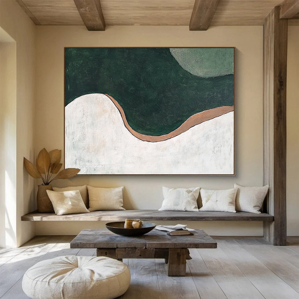 A large abstract painting featuring organic green and white curves, brown accents, resembling a river from an aerial view. Minimalistic design.SC532