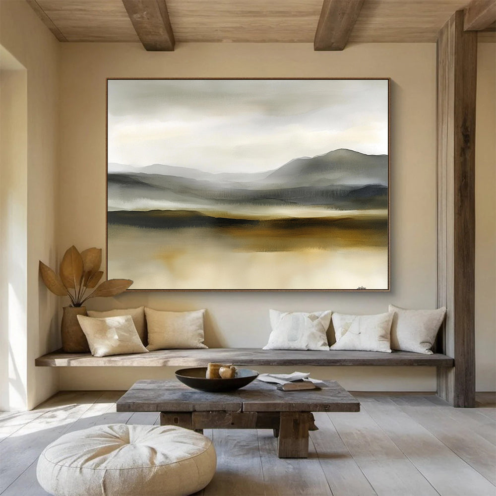 Large abstract watercolor painting of Scottish moors in soft gray and beige tones, creating a tranquil and misty atmosphere for any space.SC288