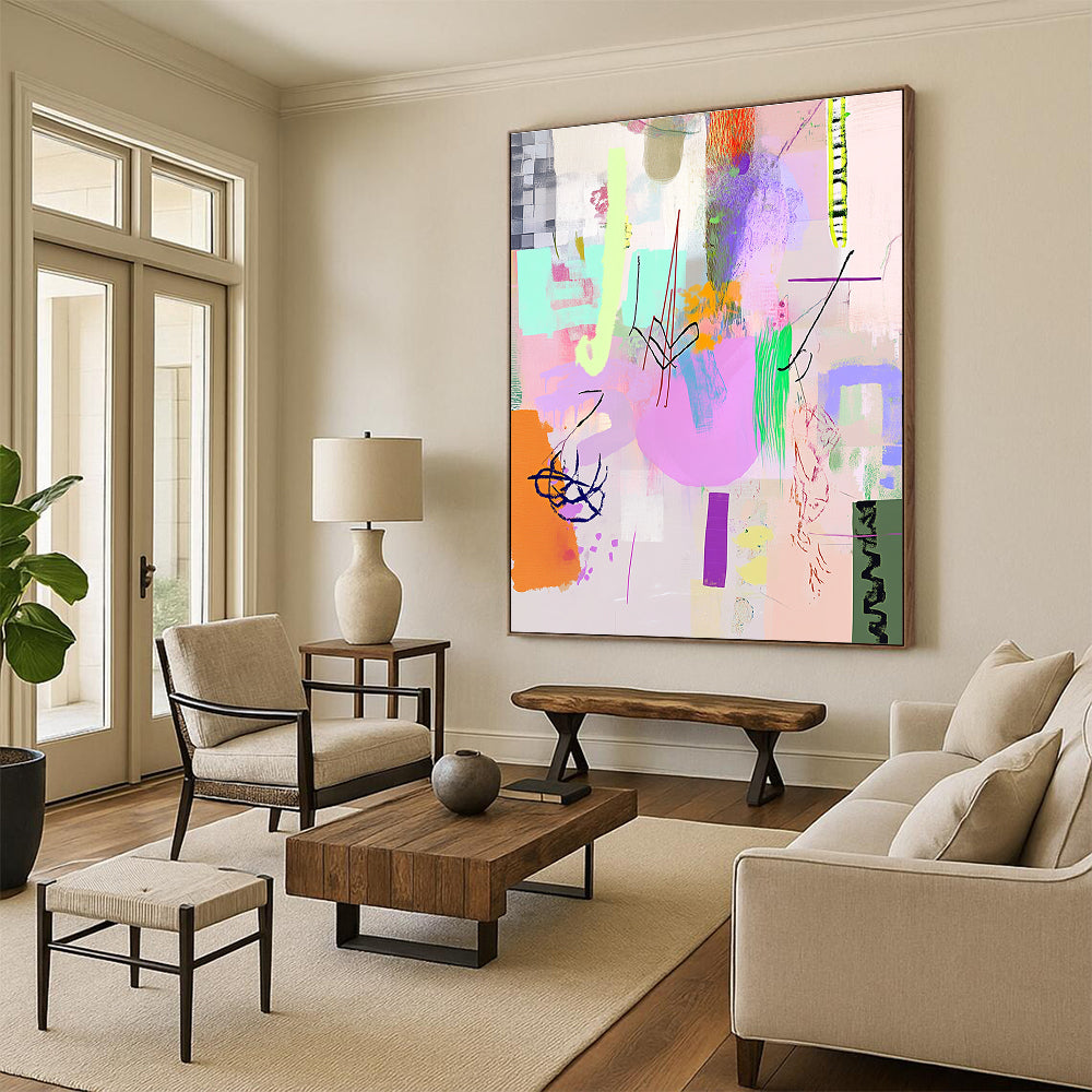 A large abstract painting featuring light pink purple and green shapes with line art and textures in a playful collage-inspired style.STSC1042