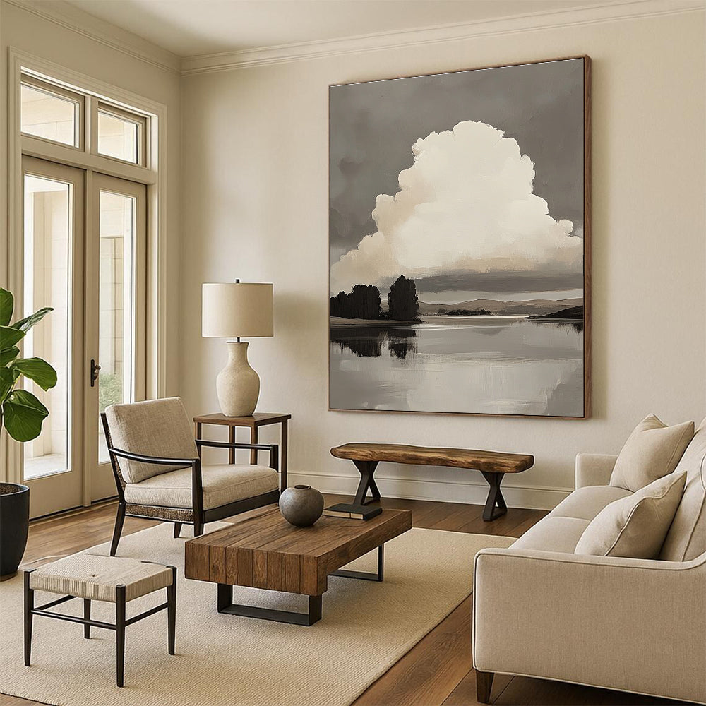 Large abstract oil painting of a white cloud over a lake with minimalist trees and hills in muted colors against a gray background.STSC868