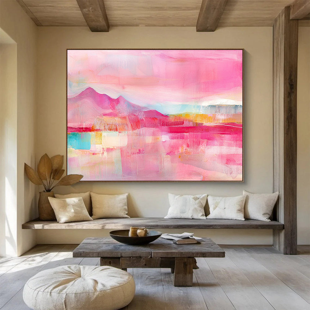 A large abstract painting featuring a pink sky with layers of soft pastel colors and textured brushstrokes, perfect for enhancing any space.SC344