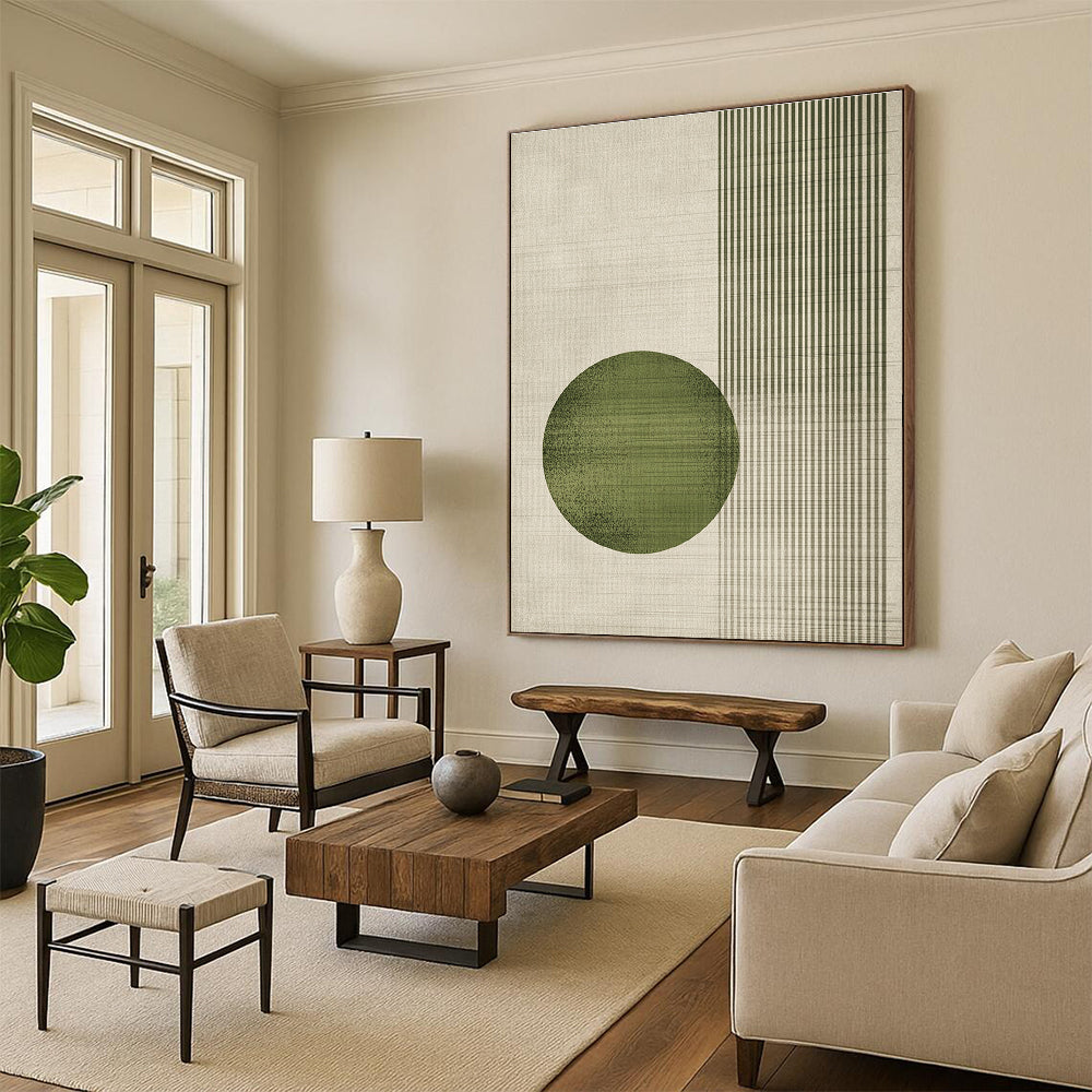 Large abstract painting featuring a round green circle and textured vertical lines in a light gray color scheme with natural earthy tones.STSC1328