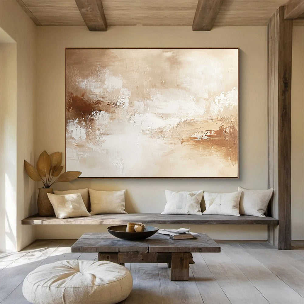Large abstract painting with warm neutral tones soft brushstrokes and subtle textures creating a calming and sophisticated atmosphere.SC010