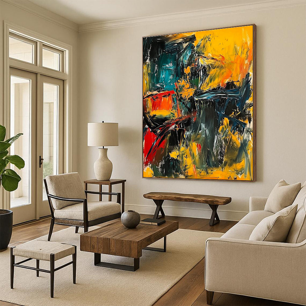 Large abstract painting depicting a dynamic war scene with bold strokes and vibrant colors conveying chaos and fear.STSC553