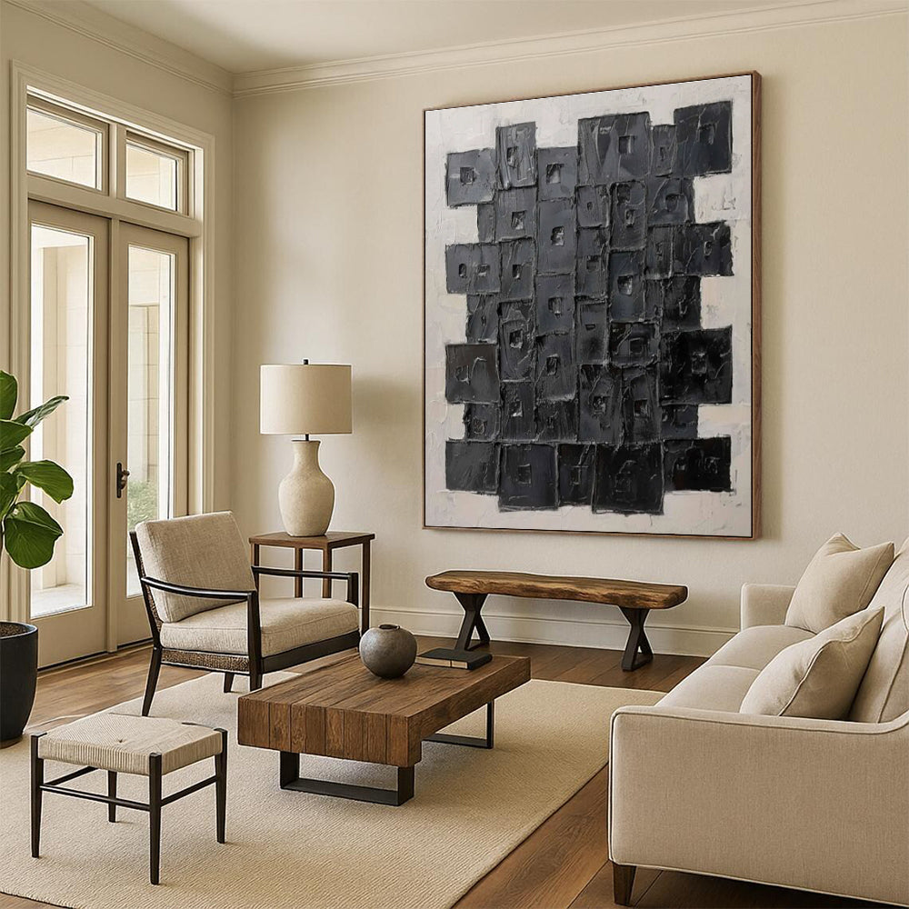 Black Squares Abstract Painting with 3D Textures ADGE488