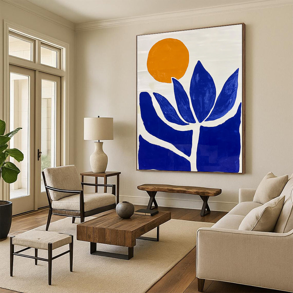 Large abstract painting featuring minimalist blue and white Matisse-inspired shapes and a vibrant orange sun with a blue lotus flower.STSC1332