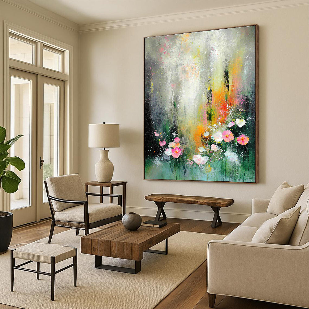 Abstract painting featuring a dreamy garden scene with soft lighting and muted colors in a vintage style.STSC1301