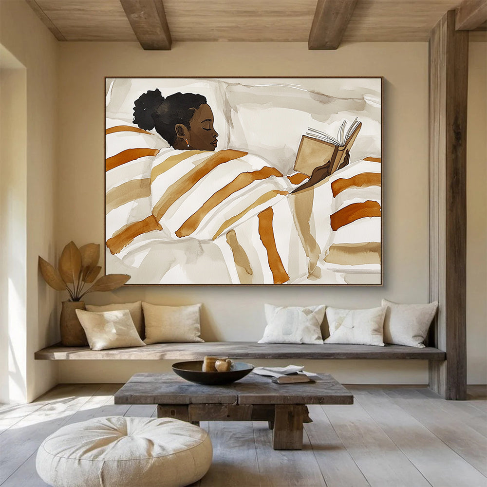 Abstract painting of an African American woman reading in bed with a striped blanket in a neutral color palette featuring simple shapes and minimalistic style.SC617
