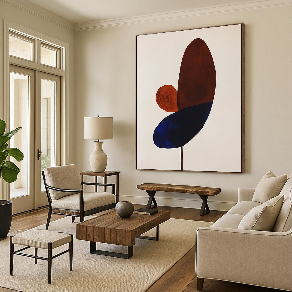 Large abstract painting featuring simple brown and blue petals on a white background perfect for modern decor.STSC1059