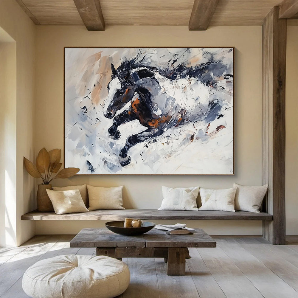 Large abstract painting of a horse in snow featuring loose brush strokes monochrome tones with brown white accents and dynamic textured movement.SC594