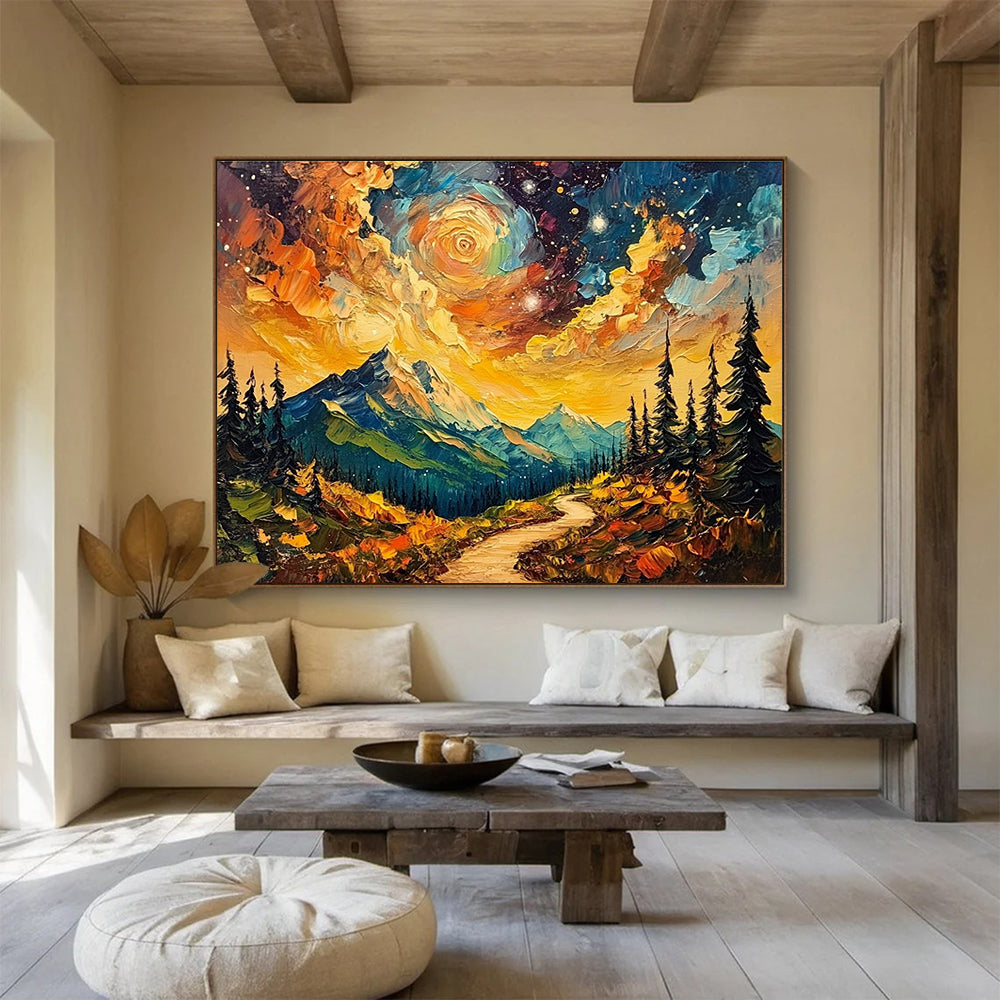Vibrant Mountain Path Abstract Painting with Starry Sky DYP155