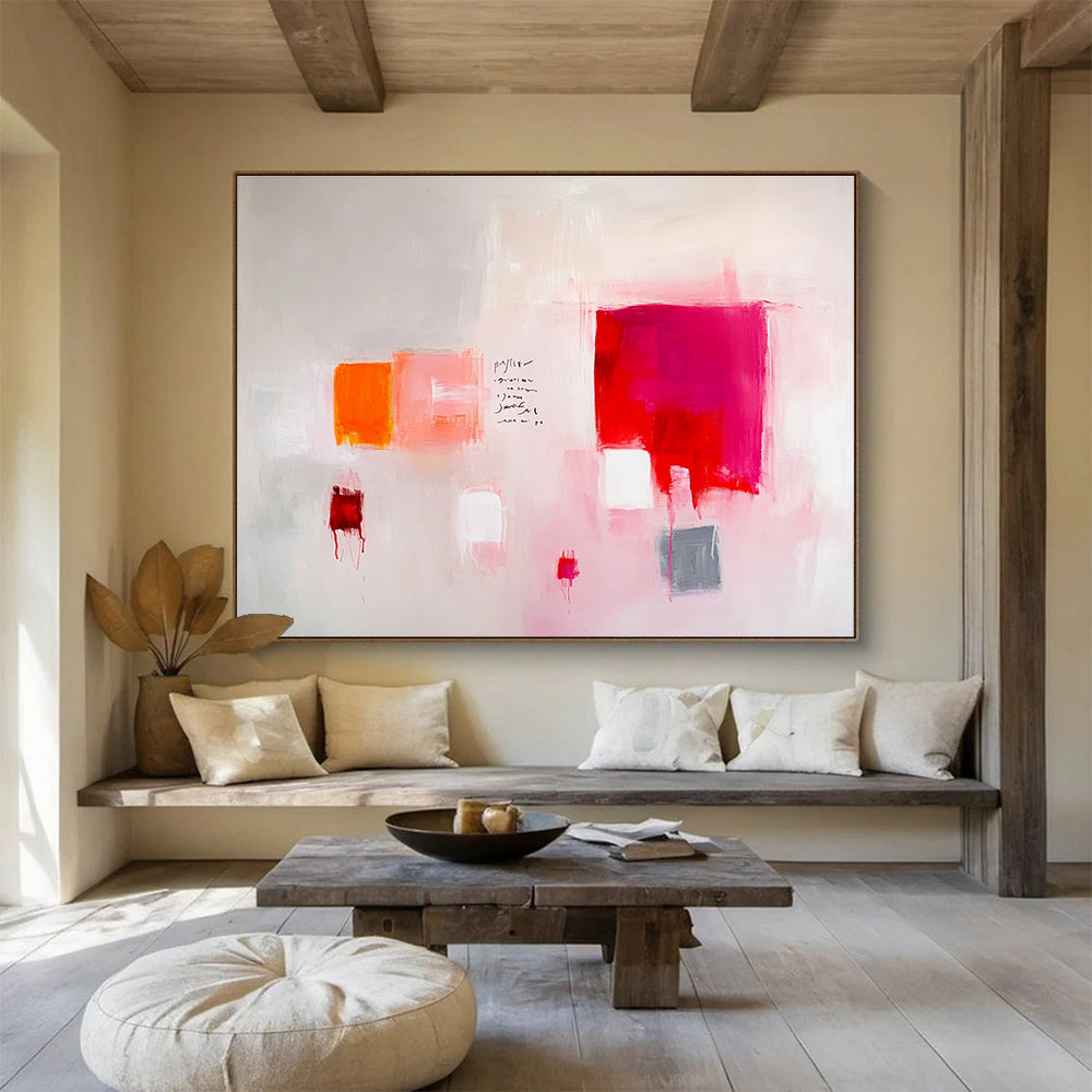 Large abstract painting featuring light pink and red tones with gray soft edges and minimalist brush strokes on a white background.SC242