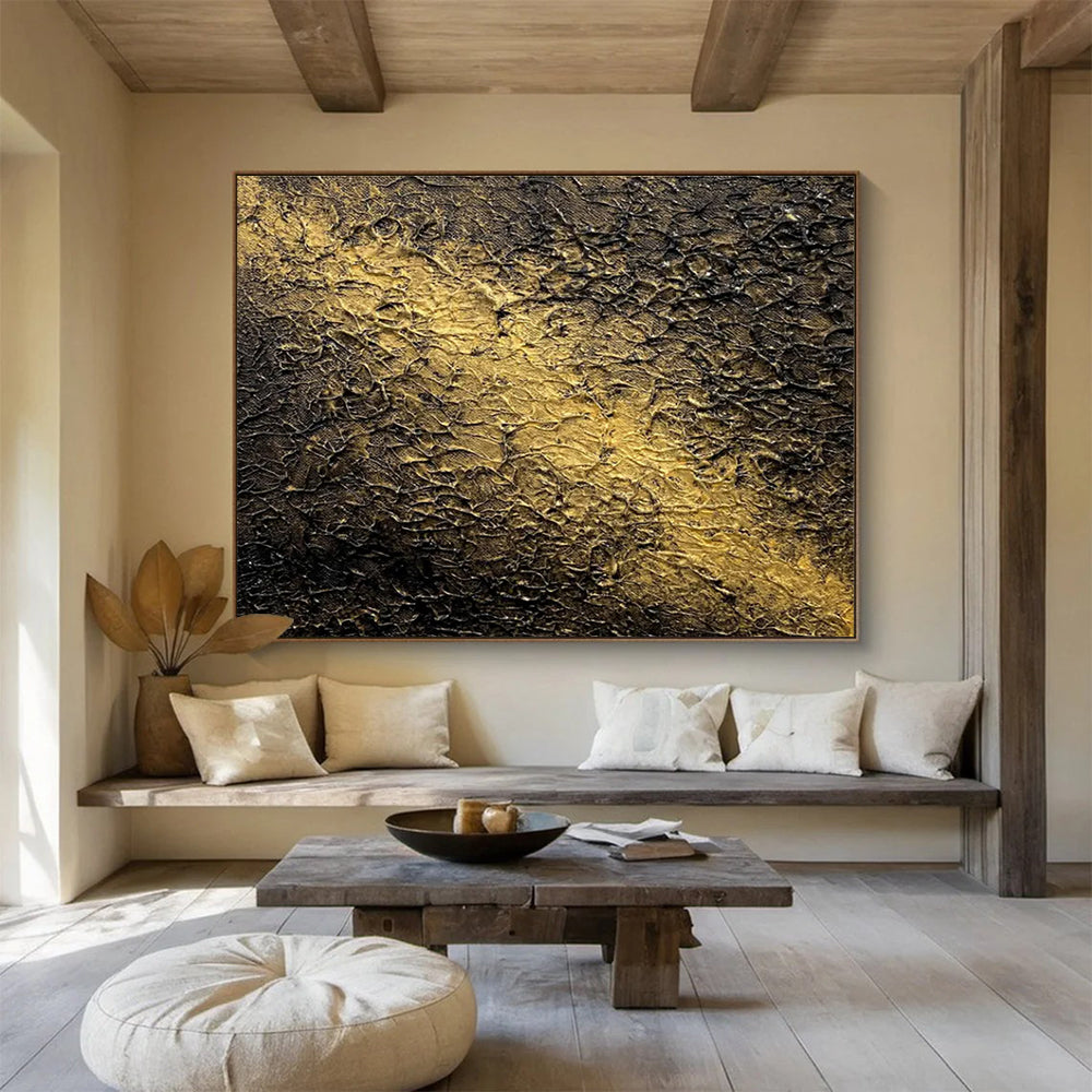 Black Gold Textured Abstract Painting with Rich, Layered Surfaces THY370