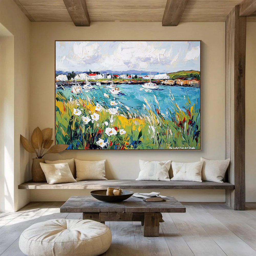 A large abstract painting of Reykjavik's harbor featuring vibrant boats and blooming wildflowers against a lively sky, showcasing nature's harmony with human creation.SC527