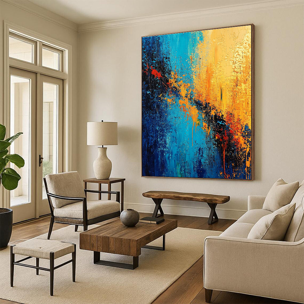 Blue and Orange Abstract Painting with Fiery Contrasts GER387