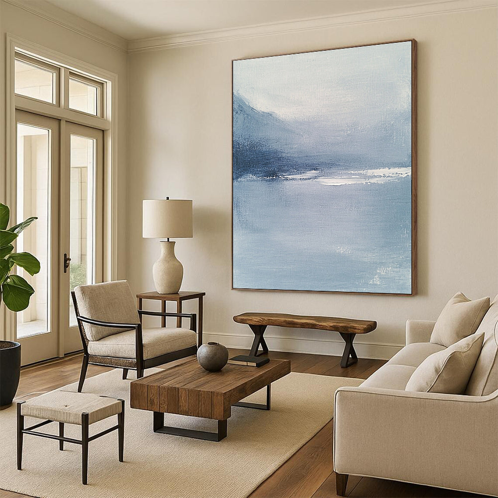 Abstract blue-gray sea artwork featuring a soft misty atmosphere inspired by Whistler's style designed to enhance any elegant space.STSC029