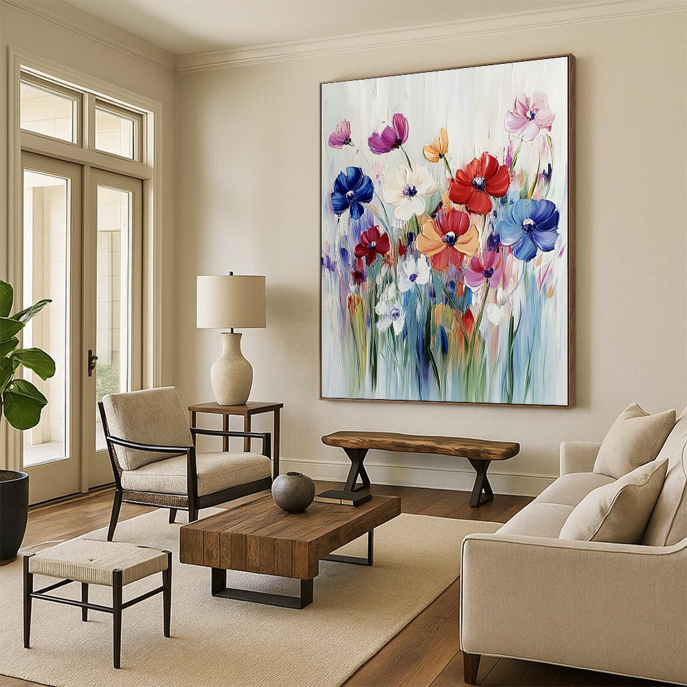 Large abstract painting of vibrant wildflowers in bold acrylic strokes against a soft white background capturing the essence of a colorful meadow.STSC993