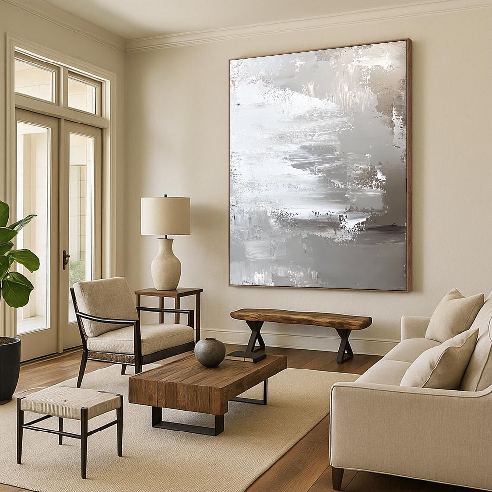 Silver and Gray Abstract Painting with Textured Layers GER420