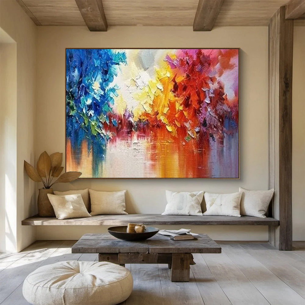 Colorful Tree Reflection Abstract Painting with Blue, Yellow, Red, and Purple Hues THY186