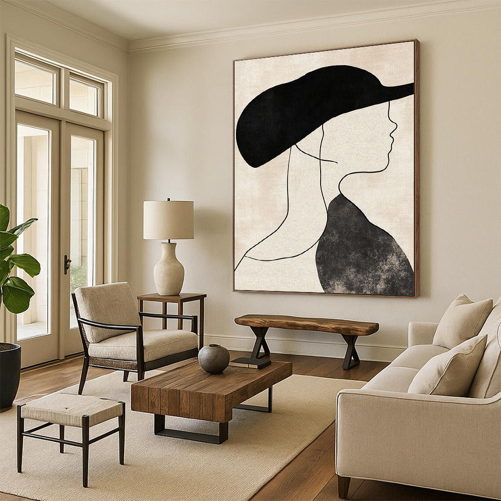 Abstract art depicting a woman's profile in a hat with neutral shapes thick lines and a beige background in black and white tones.STSC1333