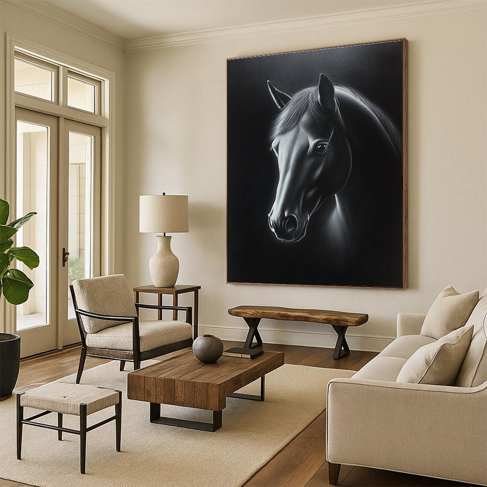 A large abstract oil painting of a horse's head in black and white with elegant lighting highlighting its features against a dark background.STSC1076