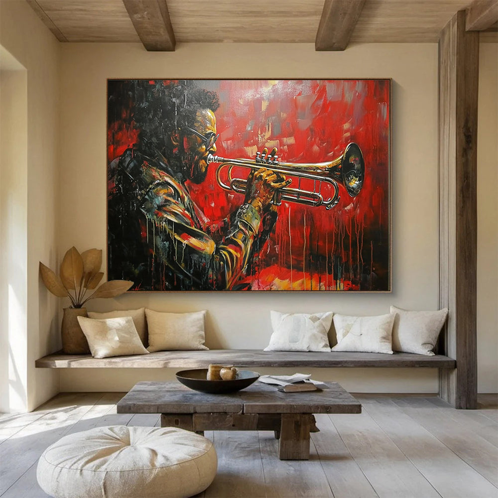 Large abstract painting featuring a trumpet player inspired by Dizzy Gillespie with a red car background and dynamic dripping paint effect.SC120