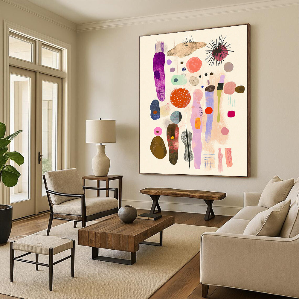 Large abstract collage featuring pastel fabrics ribbons and organic shapes designed for mid-century modern interiors. Whimsical yet sophisticated aesthetic.STSC1049