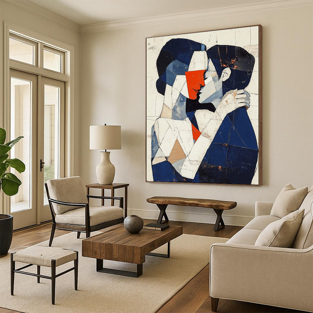 Abstract painting of a man and woman embracing in dark blue white and red tones with deconstructed tailoring and minimal background.STSC1055