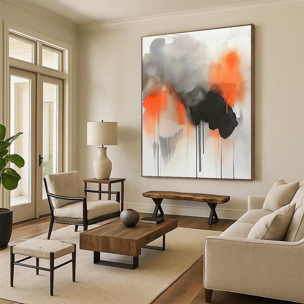Large abstract painting featuring gray orange and black paint drips with watercolor clouds and smoke elements for a striking visual impact.STSC758