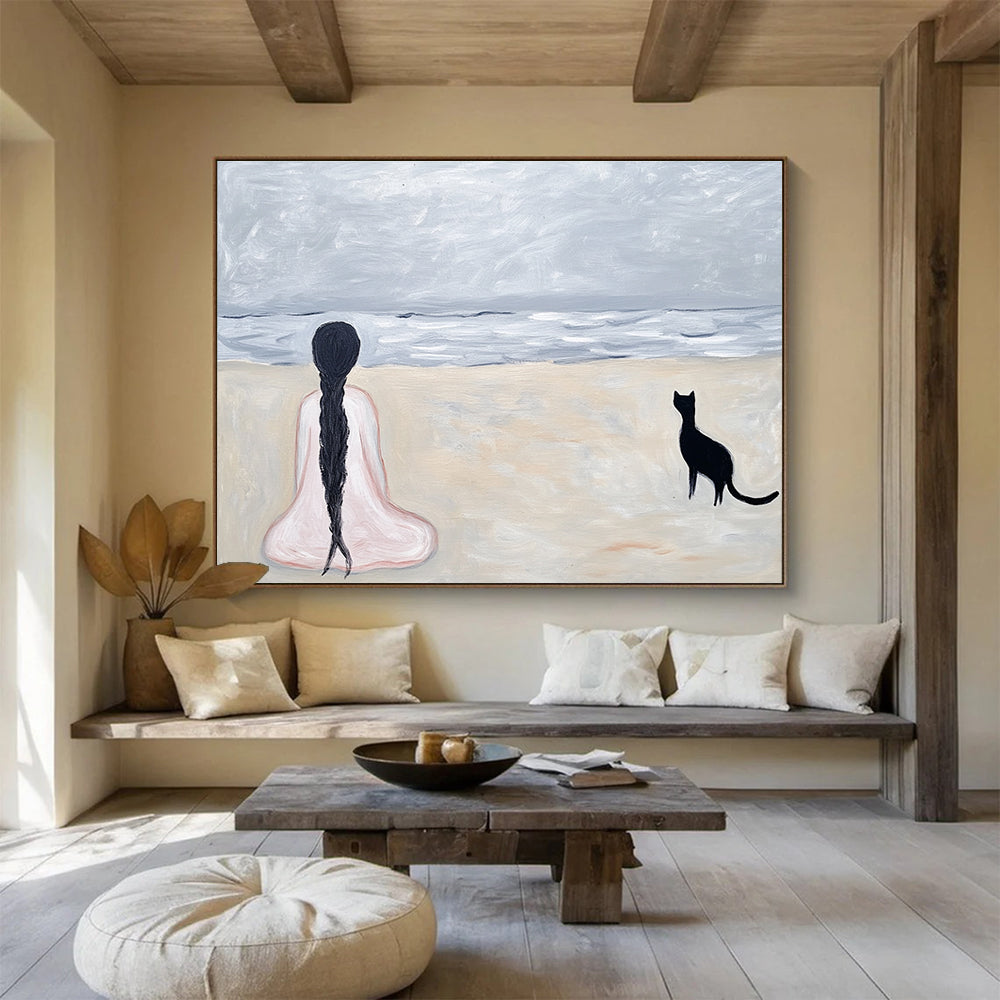 Gray Sea Scene - Girl and Cat Abstract Painting DYP060