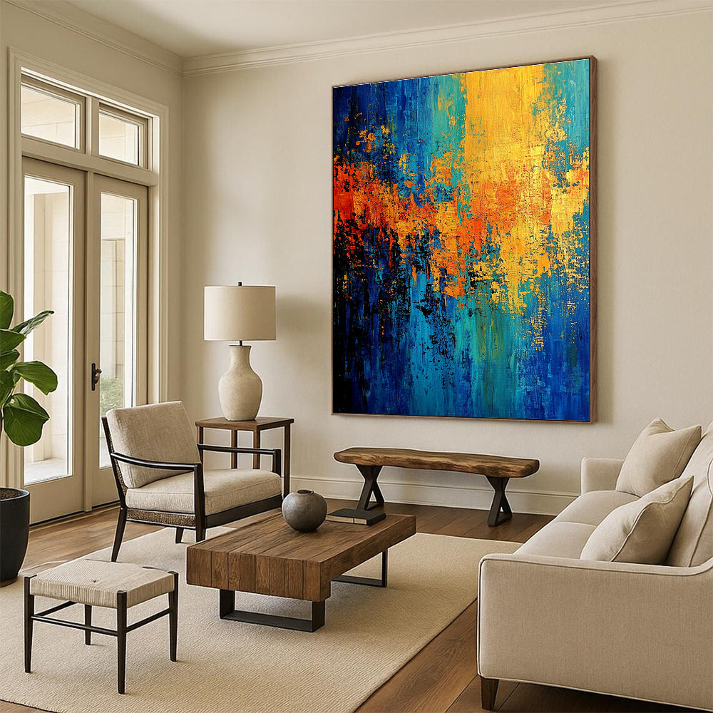 Blue Orange Gold Abstract Painting with Vibrant Patterns GER768
